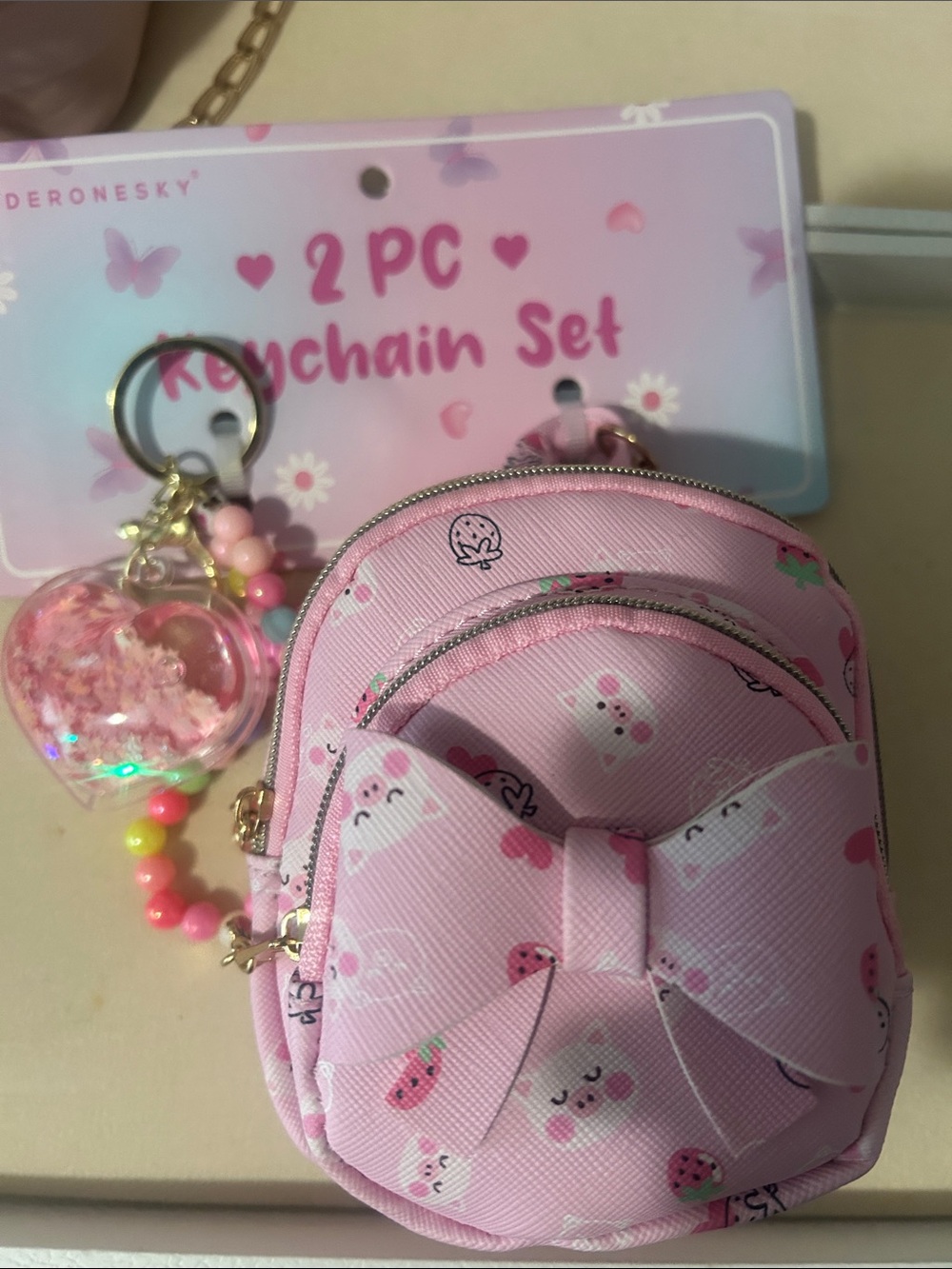 Under One Sky Pink Mini Backpack Keychain Set with Heart Charm